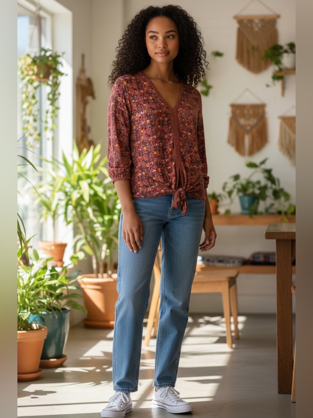 Max Studio Rust Floral Tie-Front V-Neck Blouse
